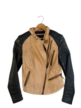Zara Tan and Black Leather Moto Jacket 100% lambskin